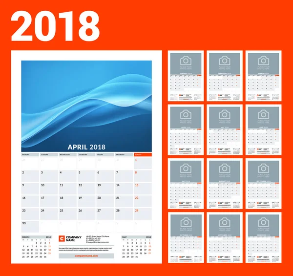 Wandkalender-Vorlage für das Jahr 2018. Vektorillustration. Satz von 12 Monaten. Schreibwarendesign — Stockvektor