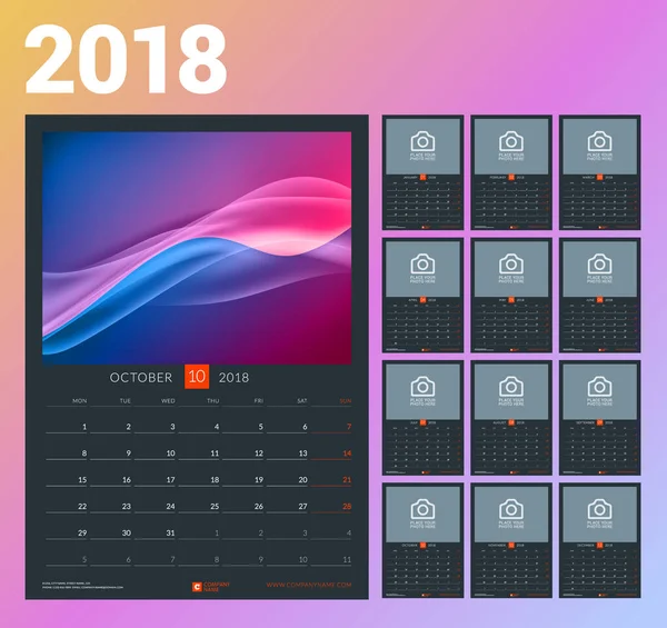 Wandkalender-Vorlage für das Jahr 2018. Vektorillustration. Satz von 12 Monaten. Schreibwarendesign — Stockvektor
