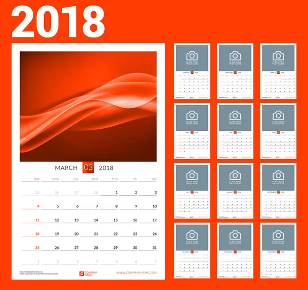 Wandkalender-Vorlage für das Jahr 2018. Vektorillustration. Satz von 12 Monaten. Schreibwarendesign — Stockvektor