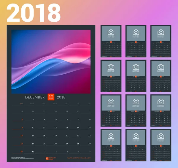 Wandkalender-Vorlage für das Jahr 2018. Vektorillustration. Satz von 12 Monaten. Schreibwarendesign — Stockvektor