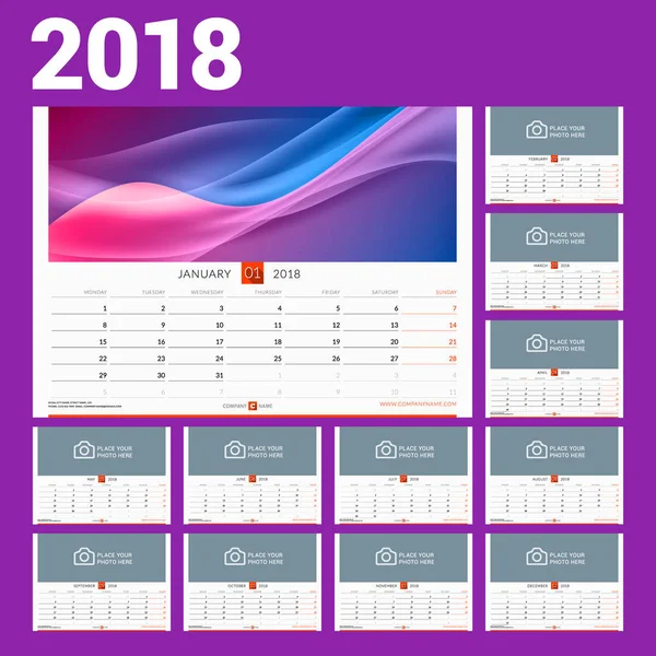 2018 ஆம் ஆண்டிற்கான சுவர் காலண்டர் மாதிரி. திசையன் விளக்கம். 12 மாதங்கள் தொகுப்பு. காகிதப்பொருட்களின் வடிவமைப்பு — ஸ்டாக் வெக்டார்