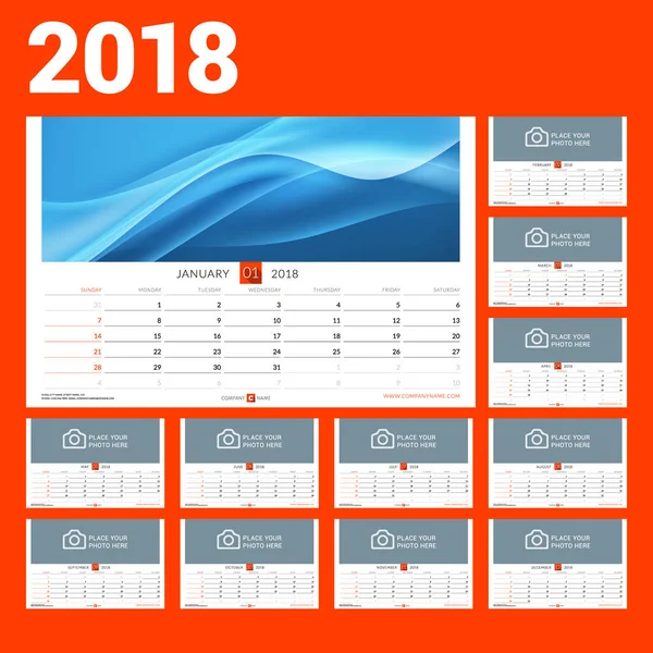 Ściana szablon kalendarza w 2018 roku. Ilustracja wektorowa. Zestaw 12 miesięcy. Projektowanie papeterii — Wektor stockowy