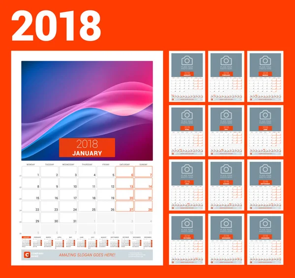 Wandkalender-Vorlage für das Jahr 2018. Vektorillustration. Satz von 12 Monaten. Schreibwarendesign — Stockvektor