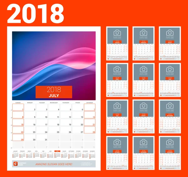 Modelo de calendário de parede para 2018 ano. Ilustração vetorial. Conjunto de 12 meses. Desenho de papelaria —  Vetores de Stock