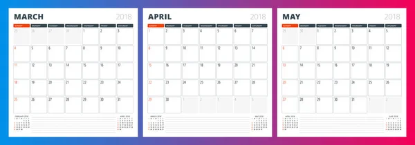 Kalendarz planowania szablon dla wiosną 2018 r. Marca, kwietnia, maja. Projekt szablonu wydruku wektor — Wektor stockowy