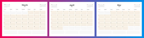 Шаблон планировщика календаря на весну 2018 года. Март, апрель, май. Векторный шаблон
