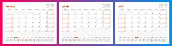 Šablona kalendáře Plánovač pro jara 2018. Březen, duben, květen. Šablona návrhu tisku vektor — Stockový vektor