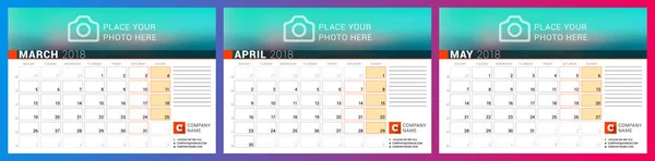 Calendar planner template for spring 2018. March, April, May. Design print vector template — Stock Vector