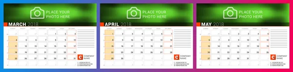 Planner kalendermall för våren 2018. Mars, maj April. Skriv ut vektor formgivningsmall — Stock vektor