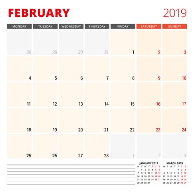 Takvim planlayıcısı şablonu Şubat 2019. Hafta Pazartesi günü başlar. Vektör çizim