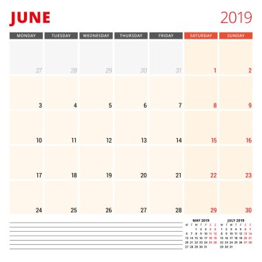 Haziran 2019 takvim planlayıcısı şablonu. Hafta Pazartesi günü başlar. Vektör çizim