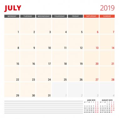 Takvim planlayıcısı şablonu Temmuz 2019. Hafta Pazartesi günü başlar. Vektör çizim