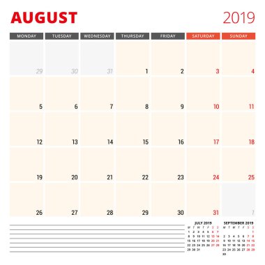 Ağustos 2019 takvim planlayıcısı şablonu. Hafta Pazartesi günü başlar. Vektör çizim