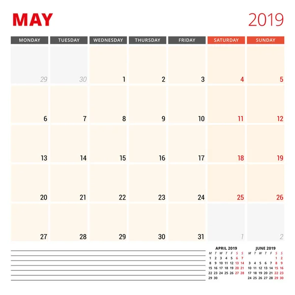 Plantilla de planificador de calendario para mayo de 2019. La semana comienza el lunes. Ilustración vectorial — Vector de stock