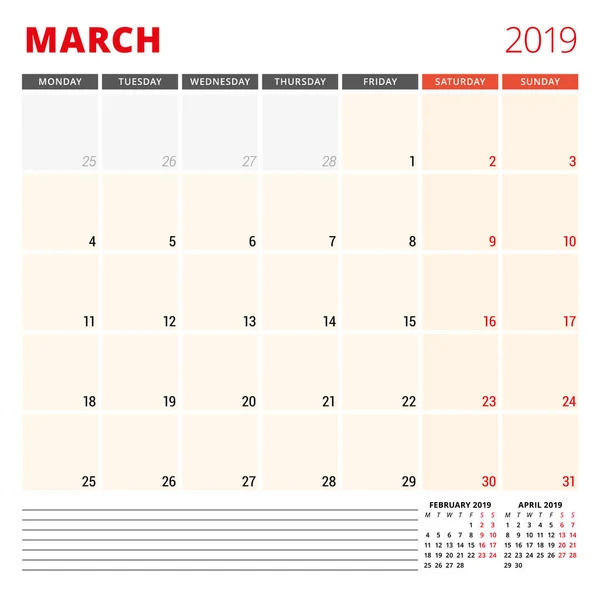 Kalendarz planowania szablon do marca 2019. Tydzień rozpoczyna się w poniedziałek. Ilustracja wektorowa — Wektor stockowy