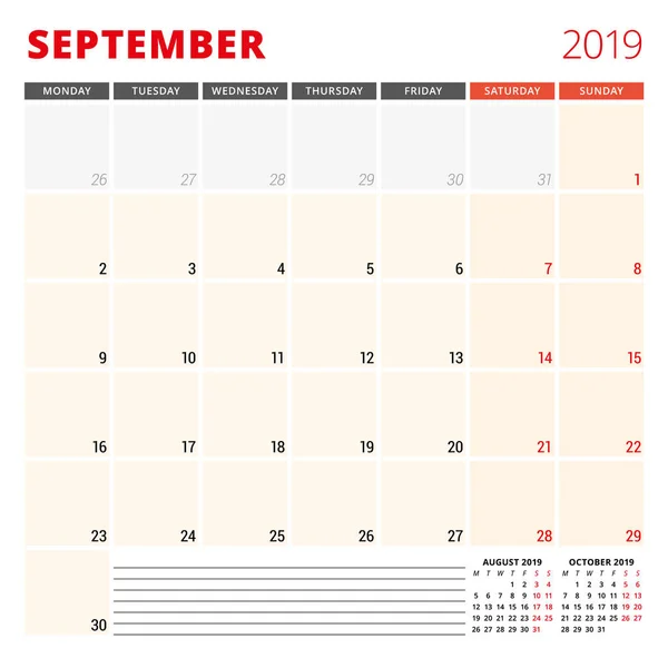 Eylül 2019 takvim planlayıcısı şablonu. Hafta Pazartesi günü başlar. Vektör çizim — Stok Vektör