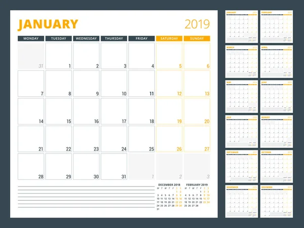 Calendar planner template for 2019 year. Week starts on Monday. Vector illustration — Stock Vector