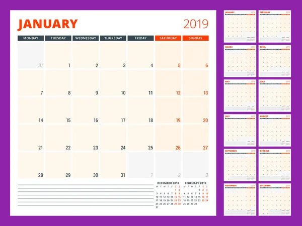 Modelo de planejador de calendário para 2019 ano. A semana começa na segunda. Ilustração vetorial —  Vetores de Stock