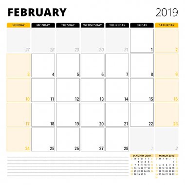 Şubat 2019 için takvim planlayıcısı. İleti örneği tasarım şablonu. Hafta Pazar günü başlar. 3 ay sayfasında. Vektör çizim