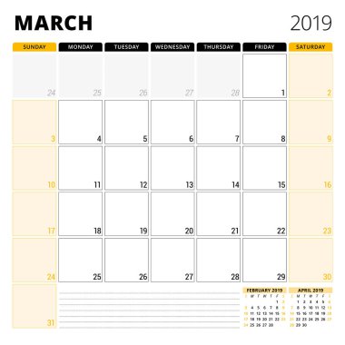Mart 2019 için takvim planlayıcısı. İleti örneği tasarım şablonu. Hafta Pazar günü başlar. 3 ay sayfasında. Vektör çizim