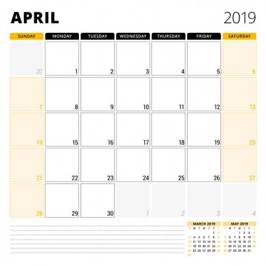 Nisan 2019 için takvim planlayıcısı. İleti örneği tasarım şablonu. Hafta Pazar günü başlar. 3 ay sayfasında. Vektör çizim