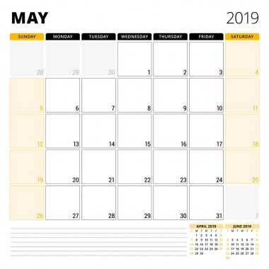 Mayıs 2019 için takvim planlayıcısı. İleti örneği tasarım şablonu. Hafta Pazar günü başlar. 3 ay sayfasında. Vektör çizim