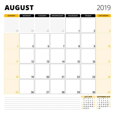 Ağustos 2019 için takvim planlayıcısı. İleti örneği tasarım şablonu. Hafta Pazar günü başlar. 3 ay sayfasında. Vektör çizim