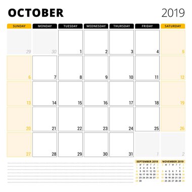 Ekim 2019 için takvim planlayıcısı. İleti örneği tasarım şablonu. Hafta Pazar günü başlar. 3 ay sayfasında. Vektör çizim