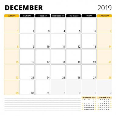 Aralık 2019 için takvim planlayıcısı. İleti örneği tasarım şablonu. Hafta Pazar günü başlar. 3 ay sayfasında. Vektör çizim