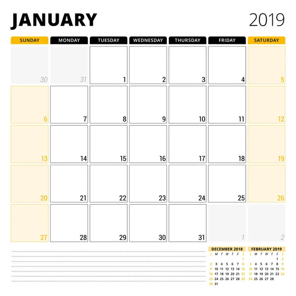 Planejador do calendário para janeiro de 2019. Modelo de design de papelaria. A semana começa no domingo. 3 meses na página. Ilustração vetorial —  Vetores de Stock
