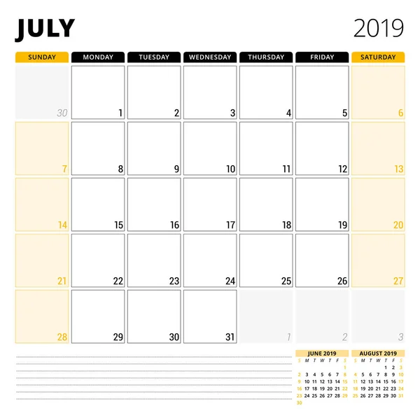 Planner kalendarz dla lipca 2019 r. Papeterie szablon projektu. Tydzień rozpoczyna się w niedzielę. 3 miesięcy na stronie. Ilustracja wektorowa — Wektor stockowy