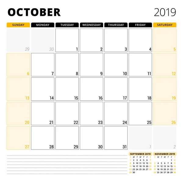 Planejador do calendário para outubro de 2019. Modelo de design de papelaria. A semana começa no domingo. 3 meses na página. Ilustração vetorial — Vetor de Stock