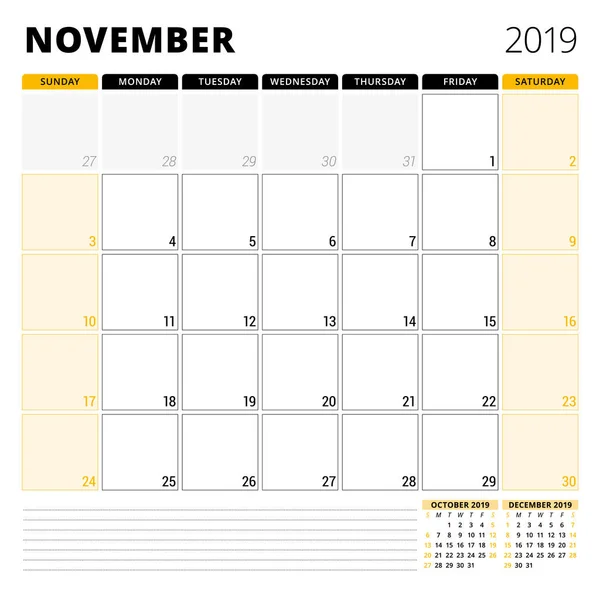 Planificador de calendario para noviembre de 2019. Plantilla de diseño de papelería. La semana comienza el domingo. 3 meses en la página. Ilustración vectorial — Vector de stock