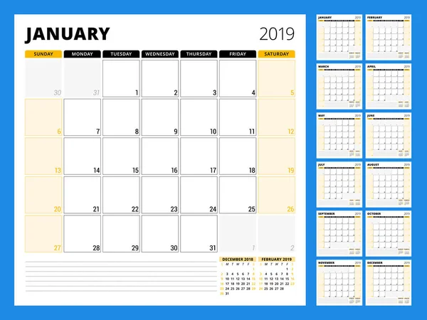 Planejador de calendário para 2019 ano. Modelo de design de papelaria. A semana começa no domingo. Conjunto de 12 meses. Ilustração vetorial —  Vetores de Stock