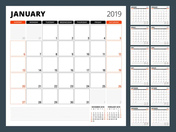 Kalender planner voor 2019 jaar. Sjabloon voor briefpapier ontwerp. Week begint op zondag. Set van 12 maanden. Vectorillustratie — Stockvector