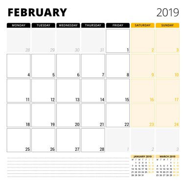 Şubat 2019 için takvim planlayıcısı. İleti örneği tasarım şablonu. Hafta Pazartesi günü başlar. 3 ay sayfasında. Vektör çizim