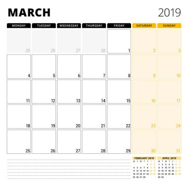Mart 2019 için takvim planlayıcısı. İleti örneği tasarım şablonu. Hafta Pazartesi günü başlar. 3 ay sayfasında. Vektör çizim