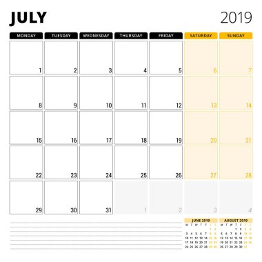 Takvim planlayıcısı için Temmuz 2019. İleti örneği tasarım şablonu. Hafta Pazartesi günü başlar. 3 ay sayfasında. Vektör çizim