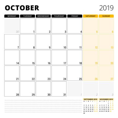 Ekim 2019 için takvim planlayıcısı. İleti örneği tasarım şablonu. Hafta Pazartesi günü başlar. 3 ay sayfasında. Vektör çizim