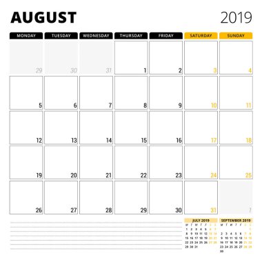Ağustos 2019 için takvim planlayıcısı. İleti örneği tasarım şablonu. Hafta Pazartesi günü başlar. 3 ay sayfasında. Vektör çizim