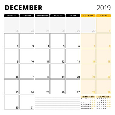 Aralık 2019 için takvim planlayıcısı. İleti örneği tasarım şablonu. Hafta Pazartesi günü başlar. 3 ay sayfasında. Vektör çizim