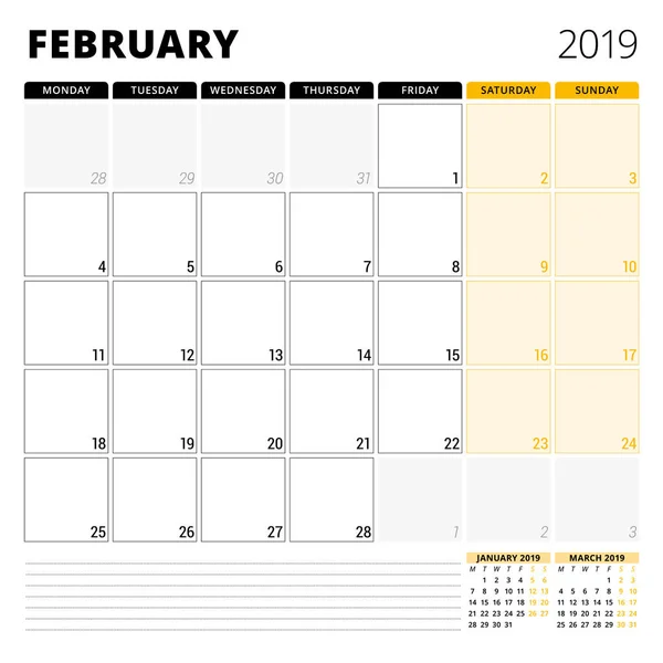 Calendar planner for February 2019. Stationery design template. Week starts on Monday. 3 months on the page. Vector illustration — Stock Vector