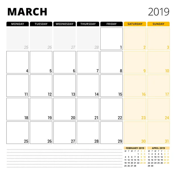Planner kalendarz do marca 2019. Papeterie szablon projektu. Tydzień rozpoczyna się w poniedziałek. 3 miesięcy na stronie. Ilustracja wektorowa — Wektor stockowy