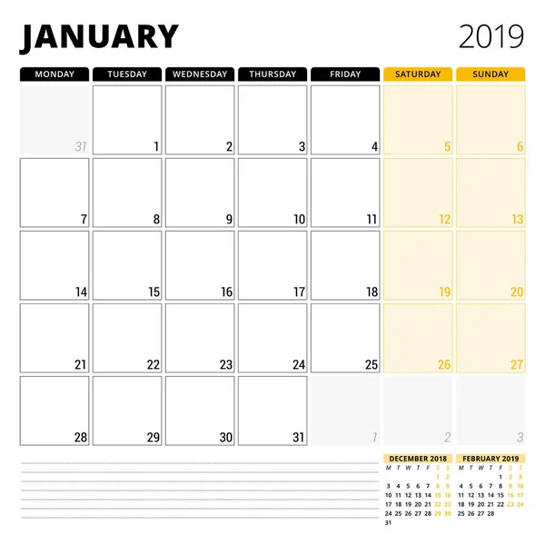 Kalender planner för januari 2019. Brevpapper formgivningsmall. Veckan börjar på måndag. 3 månader på sidan. Vektorillustration — Stock vektor