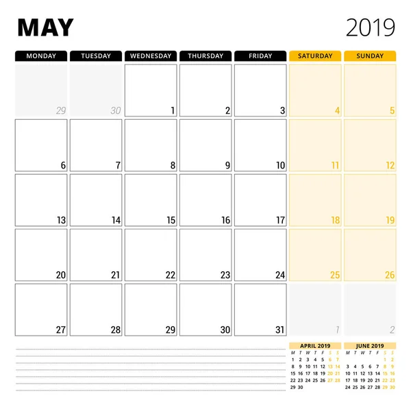 Planificador de calendario para mayo de 2019. Plantilla de diseño de papelería. La semana comienza el lunes. 3 meses en la página. Ilustración vectorial — Vector de stock