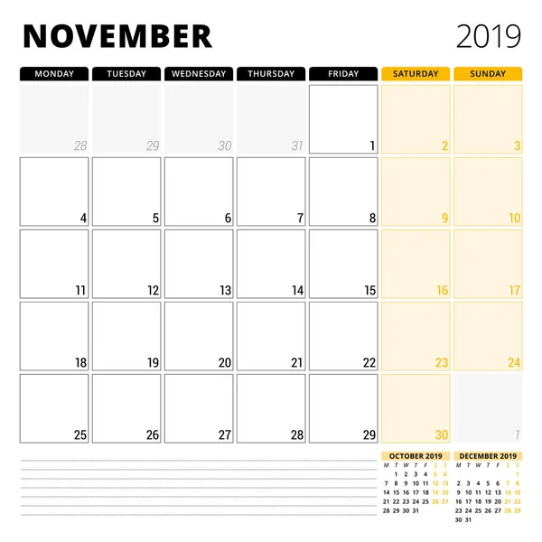 Planificador de calendario para noviembre de 2019. Plantilla de diseño de papelería. La semana comienza el lunes. 3 meses en la página. Ilustración vectorial — Vector de stock