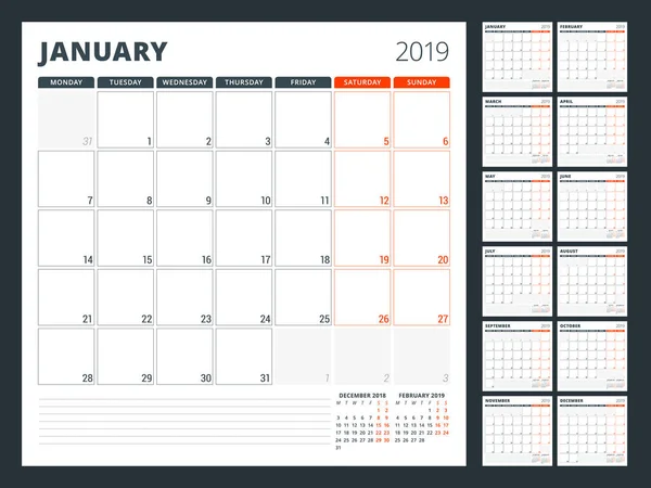 Kalender planner för 2019 år. Brevpapper formgivningsmall. Veckan börjar på måndag. Set med 12 månader. Vektorillustration — Stock vektor