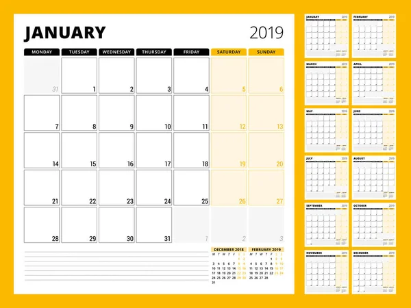 Planejador de calendário para 2019 ano. Modelo de design de papelaria. A semana começa na segunda. Conjunto de 12 meses. Ilustração vetorial —  Vetores de Stock