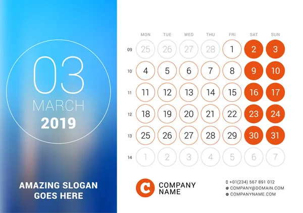 Mart 2019. Masa takvimi 2019 yıl için. Vektör tasarım yer için fotoğraf yazdırma şablonu. Hafta Pazartesi günü başlar. Takvim kılavuzu hafta numaraları ile