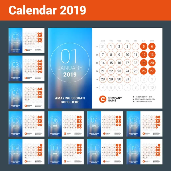 Calendário esk para 2019 ano. Conjunto de 12 páginas. Modelo de impressão de design vetorial com lugar para foto. A semana começa na segunda. Calendário grade com números de semana —  Vetores de Stock